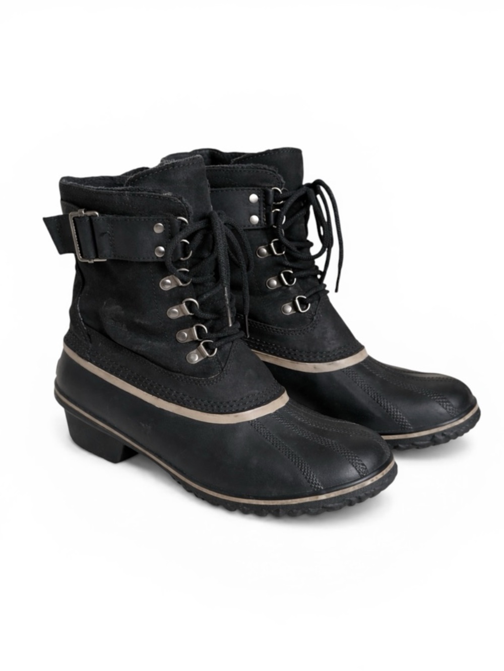 Sorel Waterproof Leather Duck Boots Black Lace Up Winter Snow Size 9.5